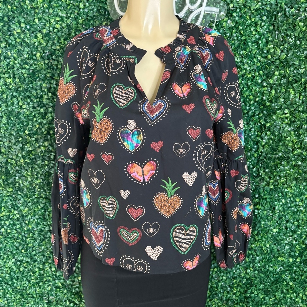 Farm Rio Heart & Pineapple Black Colorful Embroidered Top – Anthropologie Size S